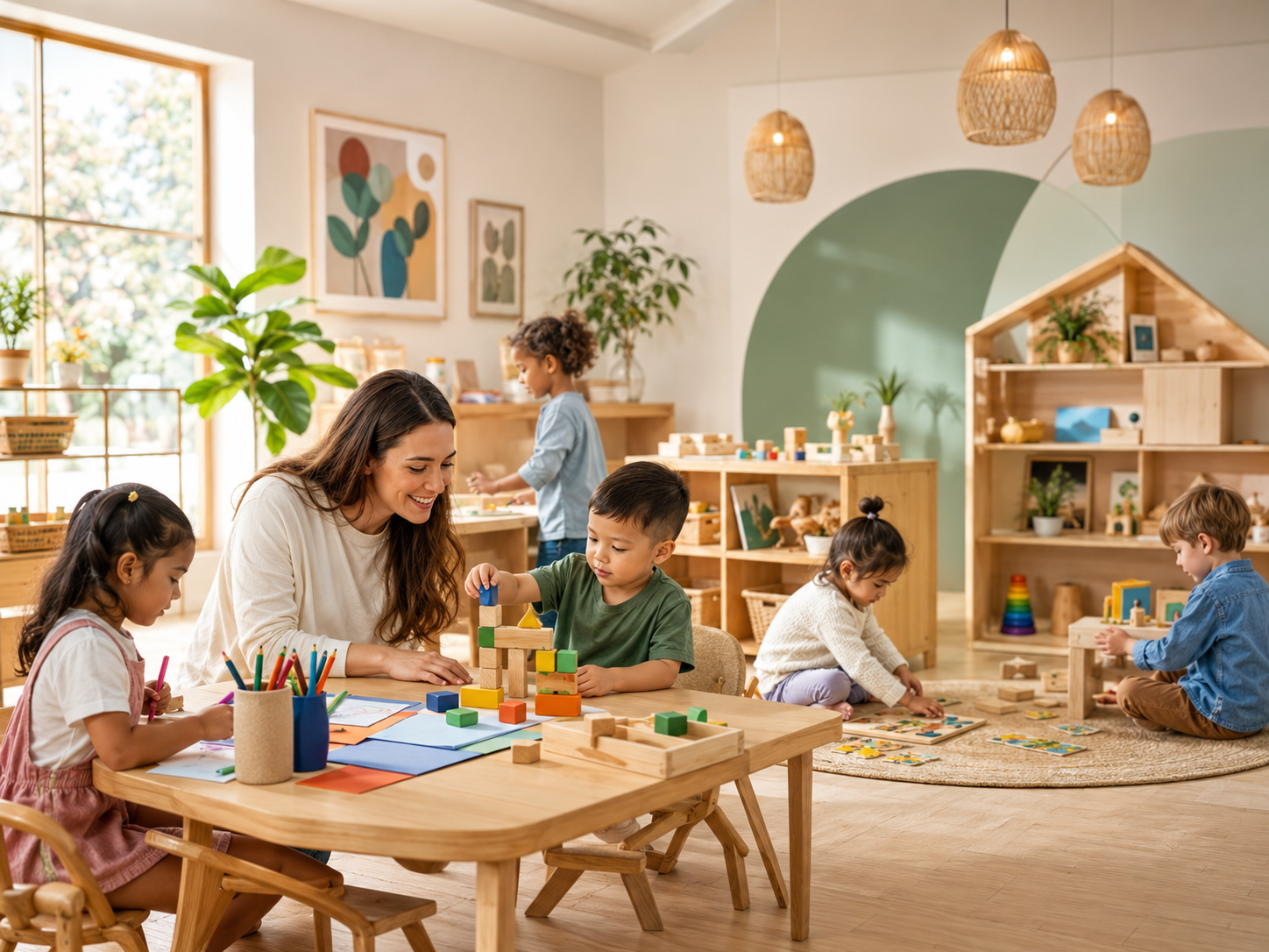 Bright and welcoming playschool classroom with children learning and playing.