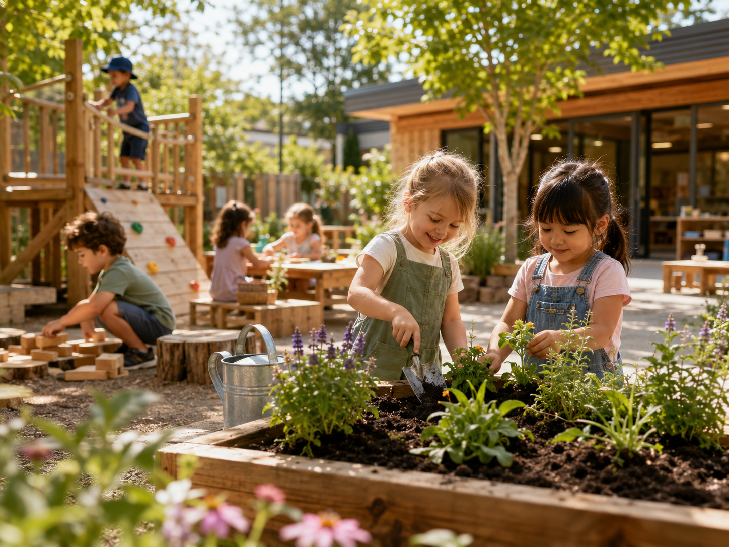 Children learning outdoors in a garden play area.