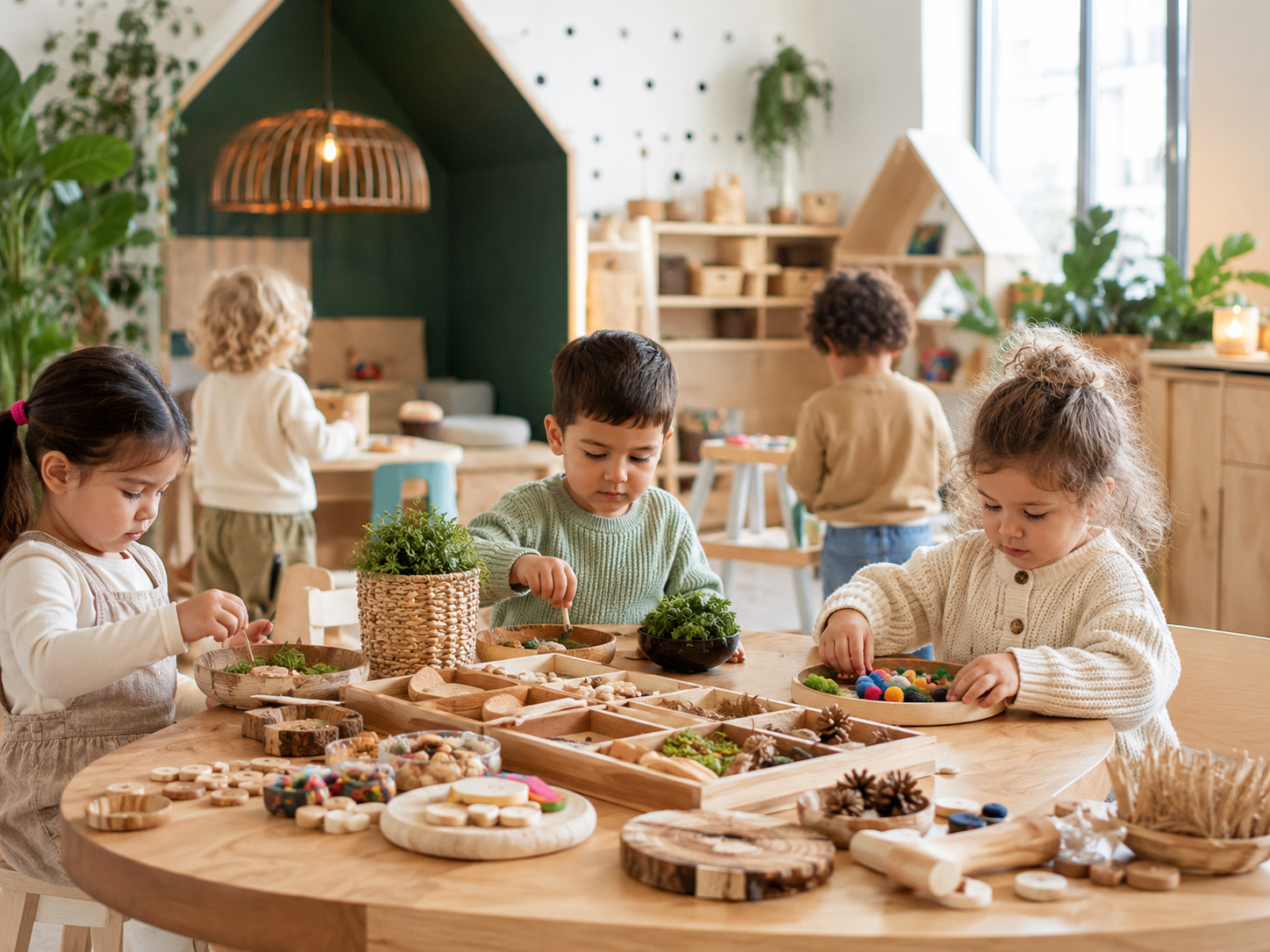 Young children engaged in sensory play at a natural materials table.