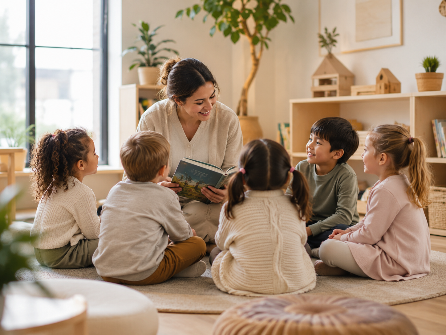 Children gathered for a cozy storytime session in a calm playschool environment.